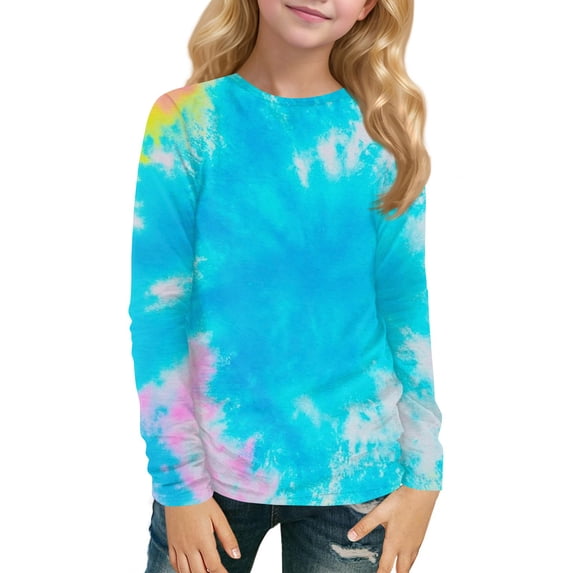 XADYUY Girls Long Sleeve Shirts 7-8 Trendy Tie Dye Crewneck Shirts for Girls Winter Basic Girls Tops Cotton Girls Sweatshirts 11-12 Years,Sky Blue