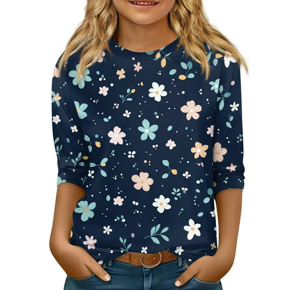 XADYUY Girls Shirts Size 14-16 Crewneck Daisy Floral Print Tshirt 3/4 Sleeve Girls Shirts Summer Dressy Cotton Loose Toddler Tops Girls 13-14 Years,Dark Blue