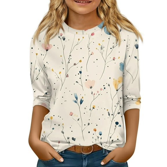 XADYUY Girls Shirts Size 14-16 Summer 3/4 Sleeve Toddler Girls T-Shirts Floral Print Tshirts Toddler Cute Crewneck Cotton Loose Tops 14-16 Years,Beige