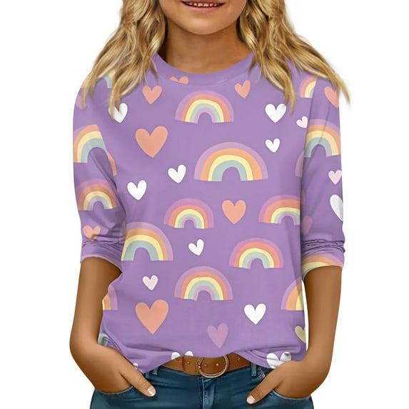 XADYUY Girls Shirts Crewneck Rainbow Graphic Tshirt 3/4 Sleeve Toddler T-Shirt Summer Dressy Cotton Loose Tee Tops Girls 9-10 Years,Purple