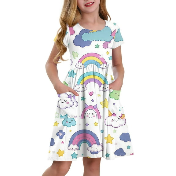 XADYUY Girls Short Sleeve Dresses Twirly A-Line Short Sleeve Midi Dress Rianbow Casual Crew Neck Swing Skirt with Pockets for 4-14t Kids,White 12-13 Years
