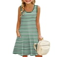 thumbnail image 1 of XADYUY Girls Sleeveless Dresses Casual A-Line Sleeveless Tank Dresses Cute Pleated Striped Swing Skirt with Pockets for 4-14t Kids,Green 8-10 Years, 1 of 7