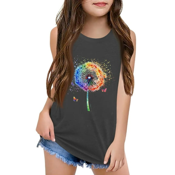 XADYUY Girls Sleeveless Tops Summer Crewneck Toddler Tank Tops Girls Cute Colorful Dandelion Graphic Loose Dancewear,Gray