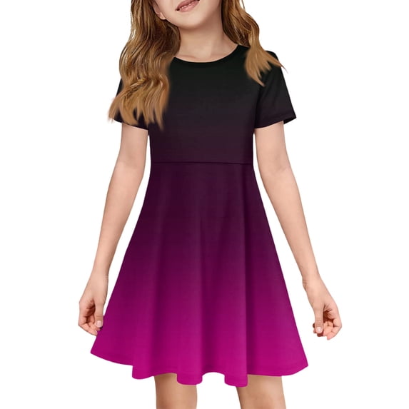 XADYUY Girls Summer Dress Kids Casual A-Line Short Sleeve Midi Dress Gradient Crew Neck Sundresses Loose Swing Dresses with Pockets,3-4Years,Hot Pink