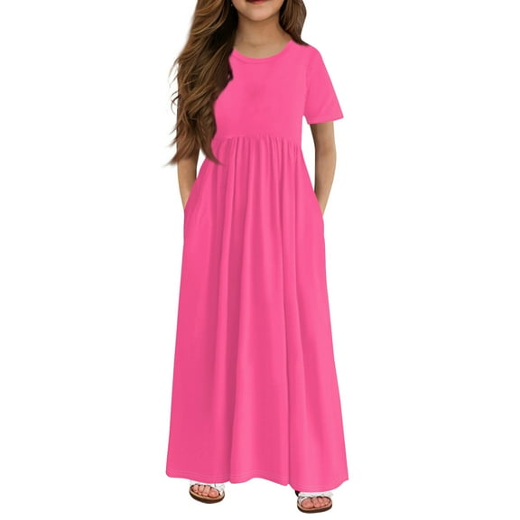 XADYUY Girls Summer Dress Kids Casual Solid Color Short Sleeve Girls Long Dresses Cute Crew Neck Sundresses Swing Beach Dresses with Pocketss 11-12 Years,Hot Pink