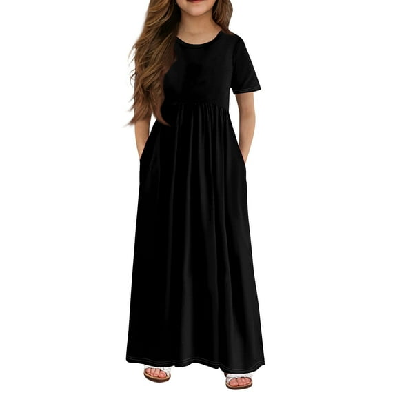 XADYUY Girls Summer Dress Kids Casual Solid Color Short Sleeve Maxi Dress Cute Crew Neck Sundresses Swing Dresses with Pocketss 11-12 Years,Black