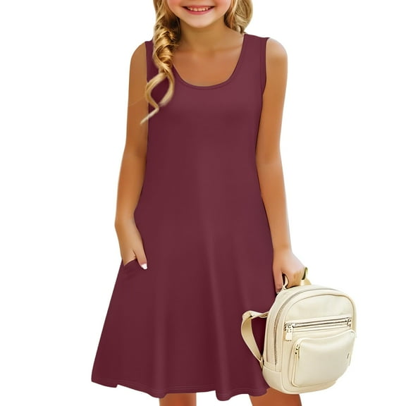 XADYUY Girls Summer Dress Size 14-16 Casual A-Line Solid Color Sleeveless Tank Dresses Cute Crew Neck Swing Beach Sundresses with Pockets for 4-14t Kids,Red 10-12 Years