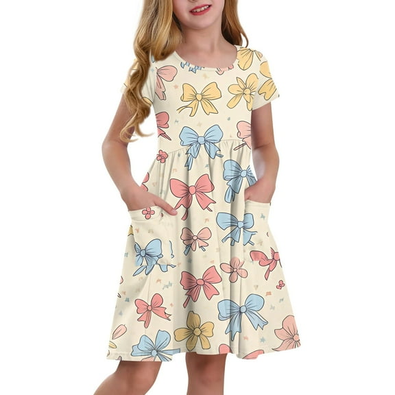 XADYUY Girls Summer Dress Size 14-16 Twirly A-Line Short Sleeve T-Shirt Dresses Cartoon Bow Pleated Crew Neck Swing Sundresses with Pockets for 4-14t Kids,Beige 7-8 Years