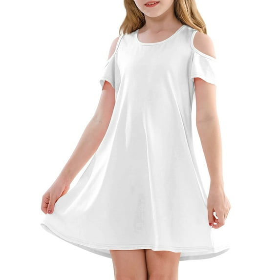 XADYUY Girls Summer Dress Size 7-8 Casual A-Line Sleeveless T-Shirt Dress for School Solid Color Crew Neck Swing Holiday kids sundresses girls 4-16,White 5-6 Years