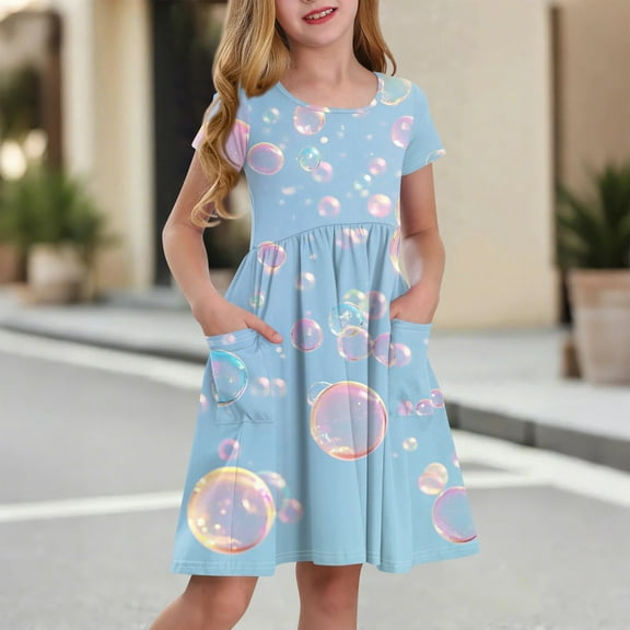 XADYUY Girls Summer Dress Size 7-8 Twirly A-Line Short Sleeve T-Shirt Dresses Bubbles Beach Crew Neck Swing Sundresses with Pockets for 4-14t Kids,Blue 5-6 Years