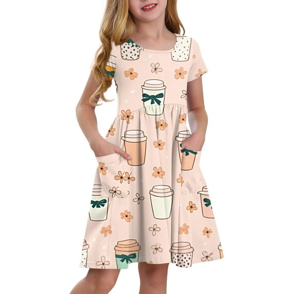 XADYUY Girls Summer Dress Size 7-8 Twirly A-Line Short Sleeve T-Shirt Dresses Cartoon Bow Crew Neck Swing Flare Sundresses with Pockets for 4-14t Kids,Pink 9-10 Years