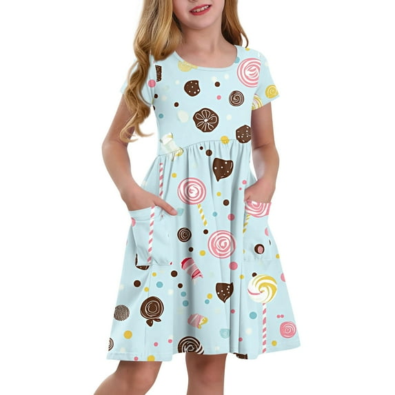 XADYUY Girls Summer Dress Size 7-8 Twirly A-Line Short Sleeve T-Shirt Dresses Cartoon Candy Basic Crew Neck Swing Sundresses with Pockets for 4-14t Kids,Blue 7-8 Years
