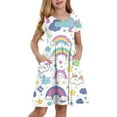 thumbnail image 1 of XADYUY Girls Summer Dress Size 7-8 Twirly A-Line Short Sleeve T-Shirt Dresses Rianbow Crew Neck Swing Pleated Sundresses with Pockets for 4-14t Kids,White 5-6 Years, 1 of 9