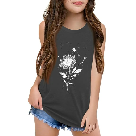 XADYUY Girls Tank Tops Size 10-12 Sleeveless Cute Summer Tunic Tank Tops for Girls Floral Print Crewneck Cotton Dance Tops for Girls 10-12,Dark Gray