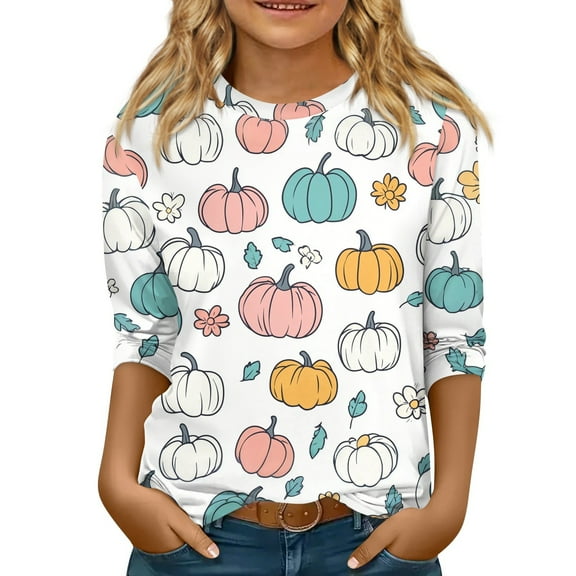 XADYUY Girls Casual Tshirts Crewneck Pumpkin Graphic Toddler Girls T-Shirts 3/4 Sleeve Toddler T-Shirt Summer Cute Cotton Loose Tops 7-8 Years,Multicolor