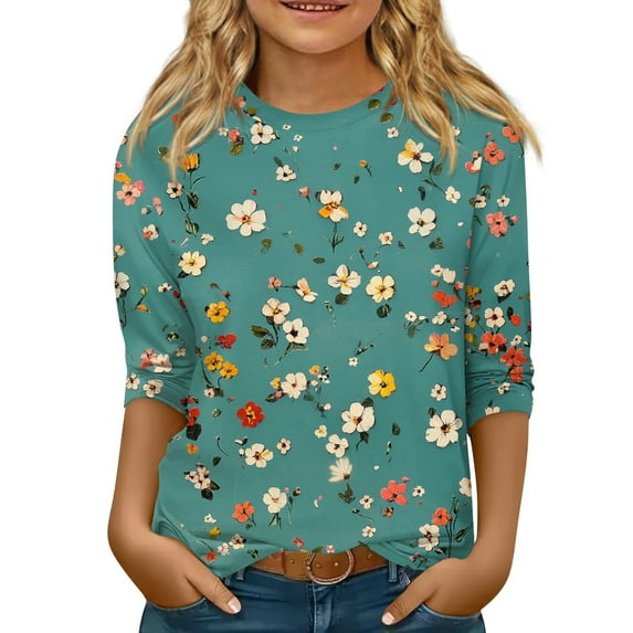 XADYUY Girls Tee Shirts 7-16 Crewneck Vintage Floral Graphic Girls Shirts 3/4 Sleeve Tshirts Toddler Summer Casual Cotton Loose Toddler Tops Girls 7-8 Years,Green