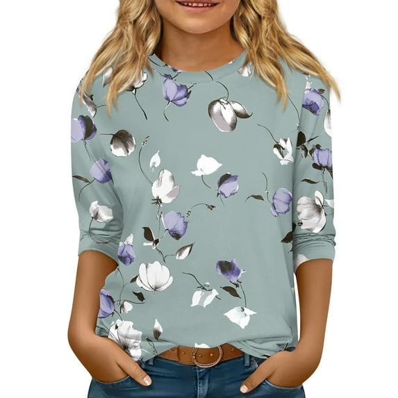 XADYUY Girls Tee Shirts 7-16 Crewneck Vintage Floral Graphic Tshirts Toddler 3/4 Sleeve Tshirt Summer Casual Cotton Loose Tops 7-8 Years,Light Gray