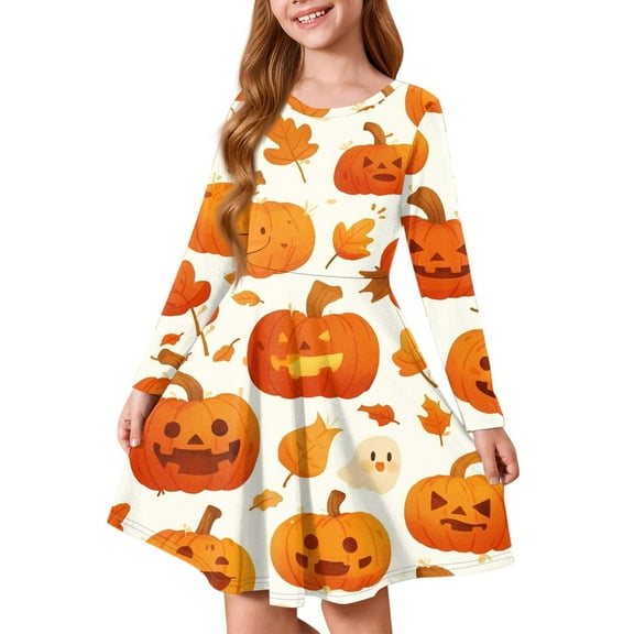 XADYUY Halloween Dresses for Girls 5t-6t Funny Pumpkin Graphic Midi Dress for Girls Cute A-Line Long Sleeve Dress Clothes for Girls Crewneck Casual Swing Dress Outfits,9-10 Years