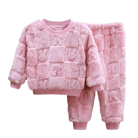 XADYUY Kids Fleece Pajamas Boys Winter Warm Fuzzy 2 Piece Pajama Set Cozy Tops Loungewear Outfits,5-6 Years,Pink
