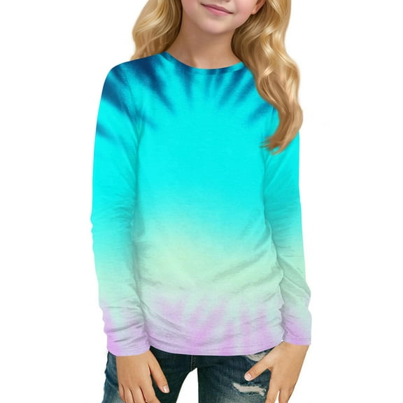 XADYUY Kids Long Sleeve Shirt Girls 7-8 Crewneck Fall Shirts for Girls Trendy Basic Girls Tops Cute Tie Dye Girls Blouses 9-10 Years,Light Blue