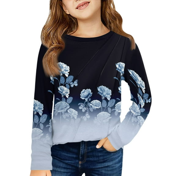 XADYUY Kids Long Sleeve Shirt Girls 7-8 Crewneck Fall Tshirts for Girls Pleated Basic Girls Tops Loose Vintage Floral Print Girls Sweatshirts,4-5 Years