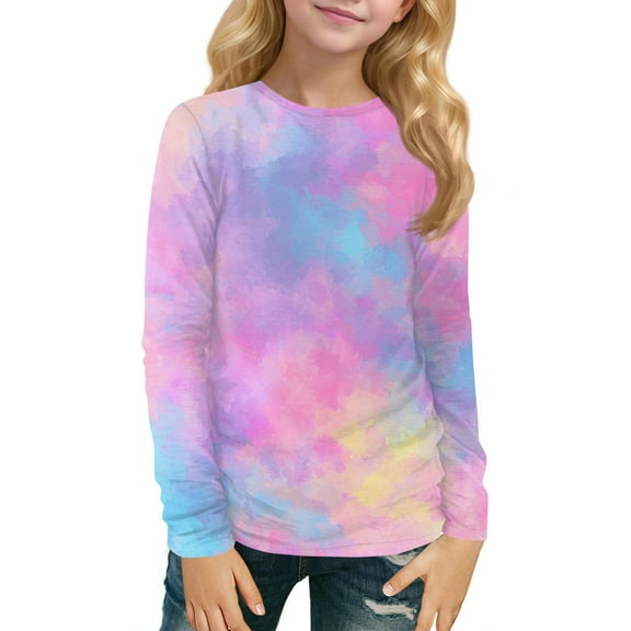 XADYUY Kids Long Sleeve Shirt Girls 7-8 Trendy Tie Dye Crewneck T-Shirts for Kids Girls Winter Basic Top for Girls Loose Blouses for Girls 11-12 Years,Vermilion