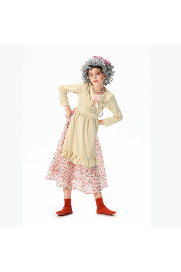 Kids Old Lady Costume with Dress, 100 Days Of School Outfit for Girls, Granny Grandma Kids Old Lady Accessories with Wig, Glasses Wrinkle, Cane, Jewelries,11-12Years