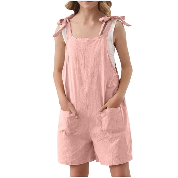 XADYUY Kids Overalls Girls 10-12 Cute Sleeveless Linen Short Jumpsuits Kids Adjustable Tie-Up Strap Toddler Overalls Girls Summer Clothes with Pockets,13-14 Years Pink