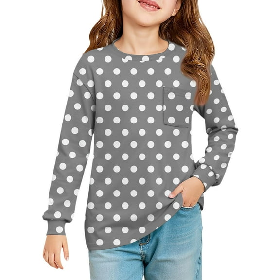 XADYUY Long Sleeve Shirts for Girls 10-12 Casual Polka Dot Crewneck Shirts for Girls Fall Basic Girls Tops Cute Blouses for Girls with Pocket,7-8 Years