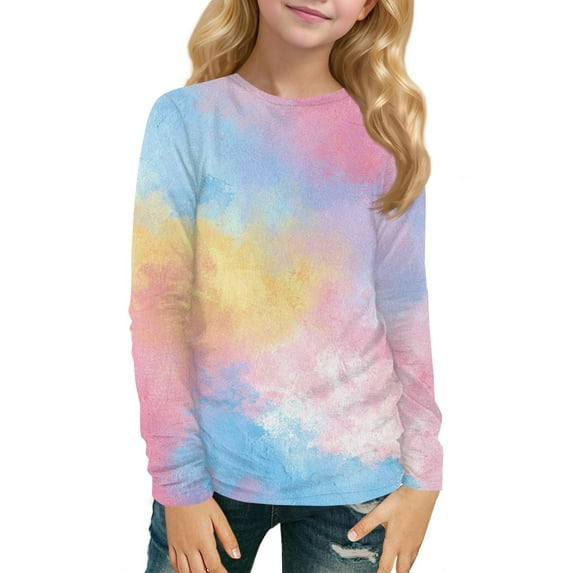 XADYUY Long Sleeve Shirts for Girls 10-12 Trendy Tie Dye Crewneck T Shirts for Girls Winter Basic Girls Tops Cotton Blouses for Girls 9-10 Years,Multicolor