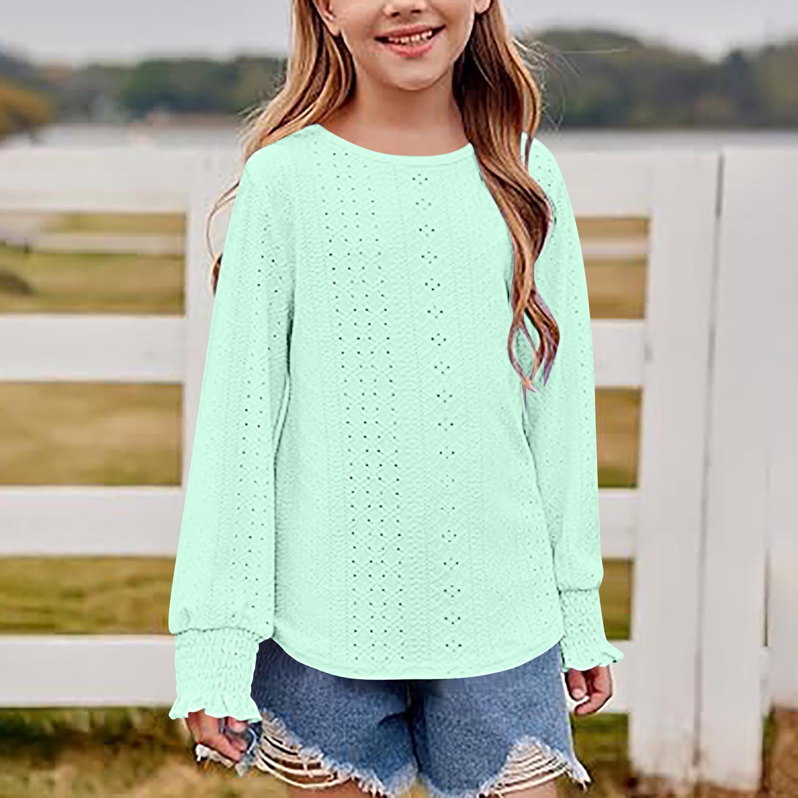 XADYUY Girls Long Sleeve Tops 7-16 Crewneck Eyelet Shirts