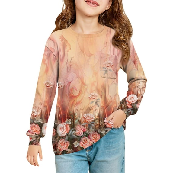 XADYUY Long Sleeve T Shirts for Girls 10-12 Crewneck Fall T-Shirts for Girls Trendy Basic Girls Tops Trendy Vintage Floral Print Girls Tunic Tops with Pocket,5-6 Years