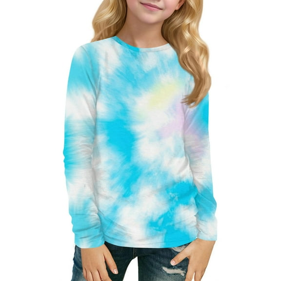 XADYUY Long Sleeve T Shirts for Girls 10-12 Crewneck Fall Tshirts for Girls Casual Basic Girls Tops Cute Tie Dye Girls Tunic Tops 11-12 Years,Sky Blue