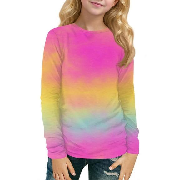 XADYUY Long Sleeve T Shirts for Girls 10-12 Crewneck Winter Shirts for Girls Trendy Basic Girls Tops Cute Tie Dye Blouses for Girls 9-10 Years,Hot Pink