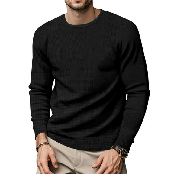 XADYUY Long Sleeve Waffle Shirt for Men Thermal Pullover Sweater Crew Neck Heavyweight Cotton Undershirts Winter Warm Big and Tall Men's Top,Black M