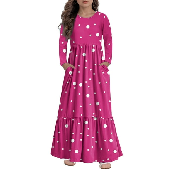 XADYUY Maxi Dresses for Girls 10-12 10-12 Casual A-Line Long Sleeve Girls Long Dresses Polka Dot Crew Neck Sundresses Tiered Dresses with Pockets,Hot Pink
