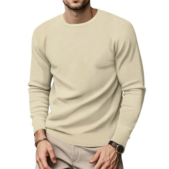 XADYUY Mens Long Sleeve Shirts Casual Waffle Knit Thermal Pullover Sweater Crew Neck Heavyweight Cotton Undershirts Winter Thick Big and Tall Men's Top,Khaki XL