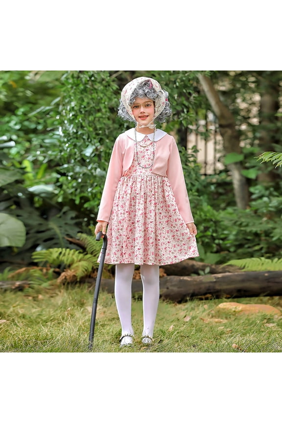 Old Lady Clothes for Toddler, Granny 100 Days Of Kindergarten Costume, with Wig, Glasses Wrinkle, Cane, Jewelries Old Lady Accessories for Kids,3-4Years
