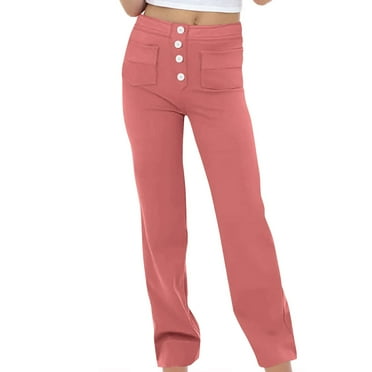 XADYUY Pants for Girls 7-8 High Waisted Button Down Bell Bottoms Flare Pants for Girls Size 10-12 Stretchy Full Length Long Pants Cute Summer Fashion Bootcut Pants Multiple Pockets,Pink