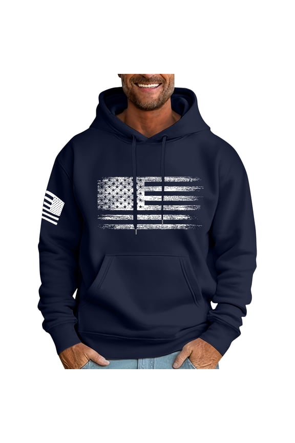 Patriotic Hoodies for Men USA Flag Print Fleece Sweatshirts Vintage Western Aztec Long Sleeve Pullover Top Fleece Tactical Hooded Shirts with Pockets,Navy M