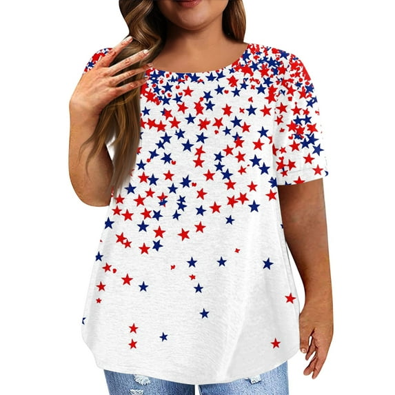 XADYUY Plus Size 4th Of July Tops for Women Clearance Stars Graphic Patriotic Shirt Dressy Crew Neck Short Sleeve Tunic Tops Curvy Women Independent Day Oufits for Women,XL White