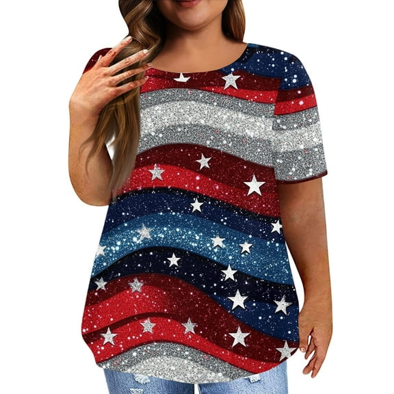 XADYUY Plus Size 4th Of July Tops for Women Loose Fit Stars Stripes Glitter Print Patriotic T Shirt Cute Crewneck Short Sleeve T-Shirt Summer Independent Day Clothes for Women,4XL Vermilion