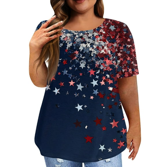 XADYUY Plus Size 4th Of July Tshirts for Women Stars Stripes Print Patriotic Tunic Shirts Dressy Crewneck Short Sleeve Shirt Summer Independent Day Tunic Tops,2XL Navy