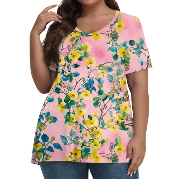 XADYUY Plus Size T Shirts for Women Dressy Casual Cute Shirt Short Sleeve V-Neck Floral Graphic T-Shirt 4x-5x Tunics Blouses,L Hot Pink