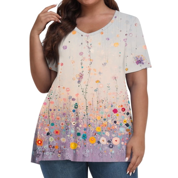 XADYUY Plus Size Tops for Women Loose Fit Summer Sexy Tees Short Sleeve V Neck Daisy Floral Graphic T-Shirt 4x-5x Casual Tunic Tops,3XL Purple Pink