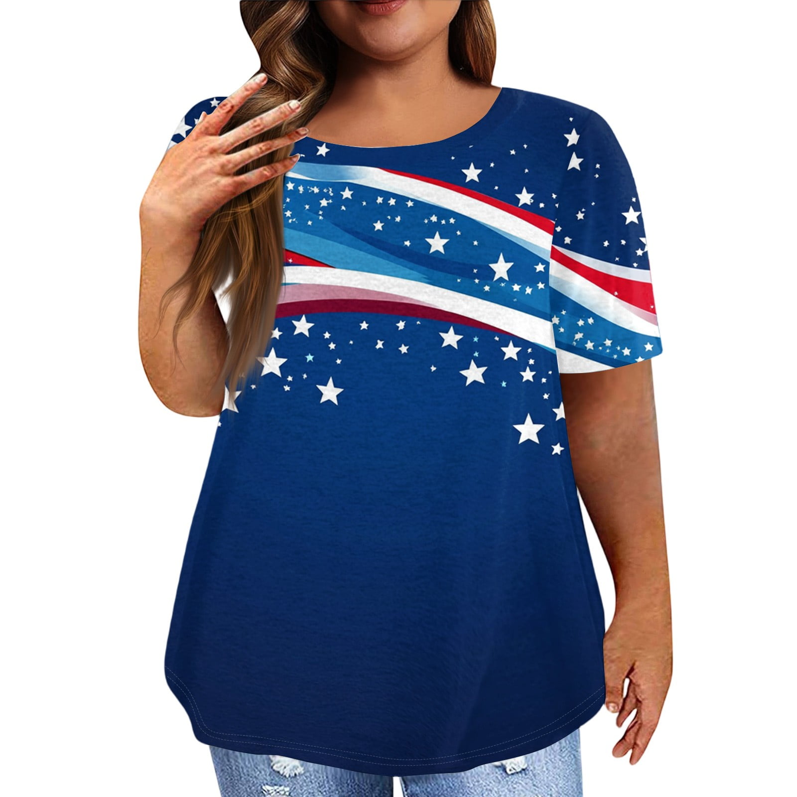 Women's Plus Size Patriotic T-Shirt - Red White & Blue American Flag Cropped Top (3XL Plus) - View #4