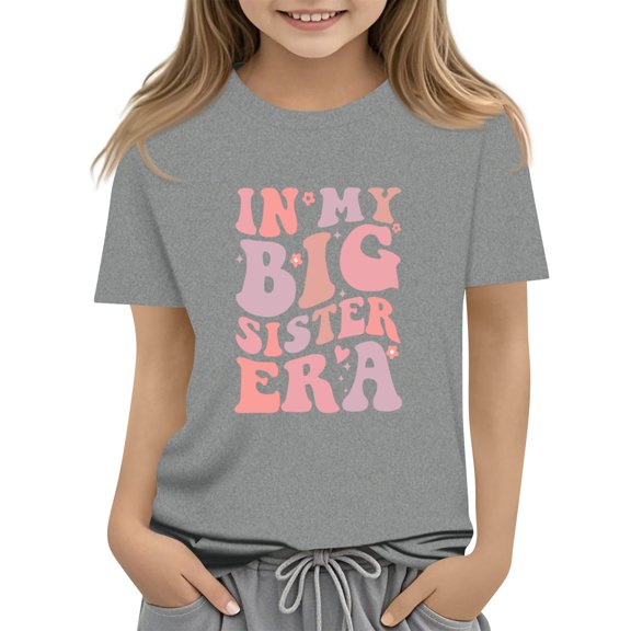 XADYUY Promoted To Big Sister Shirts for Girls Big Sister Shirt Cute IN MY BIG SISTER ERA Graphic Sibling Reveal Tops Summer Casual Short Sleeve Shirt 8-9 Years,Light Gray