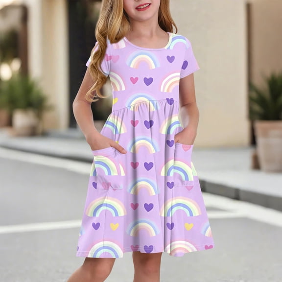 XADYUY Rianbow Dresses for Girls 10-12 Twirly A-Line Short Sleeve T-Shirt Dresses Cute Flare Crew Neck Swing Skirt with Pockets for 4-14t Kids,Purple 10-11 Years