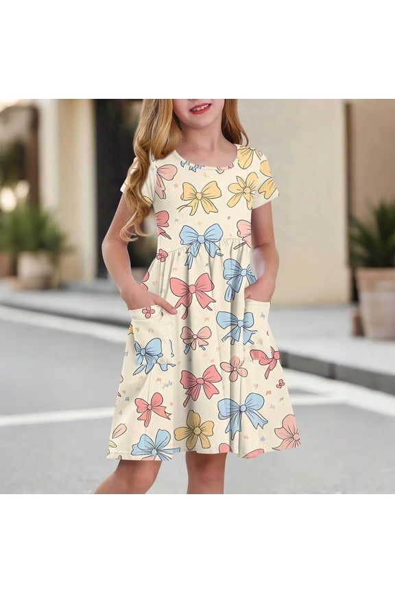 Summer Dress for Girls 10-12 Twirly A-Line Short Sleeve Midi Dress Cartoon Bow Pleated Crew Neck Swing Sundresses with Pockets for 4-14t Kids,Beige 9-10 Years