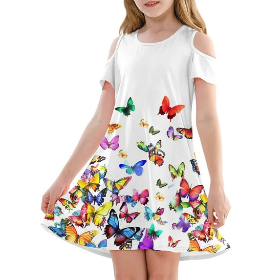 XADYUY Summer Dress for Girls 14-16 Casual A-Line Sleeveless T-Shirt Dress for School Butterfly Print Crew Neck Swing Twirl kids sundresses girls 4-16,White 9-10 Years